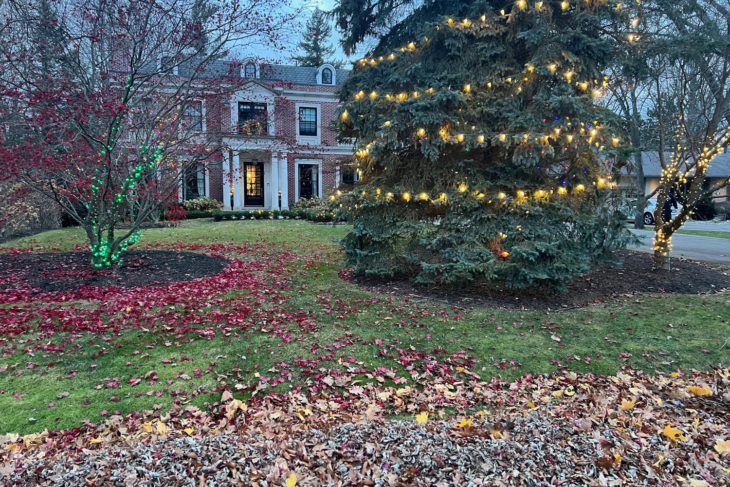 Home with a lit Christmas tree and roofline lights