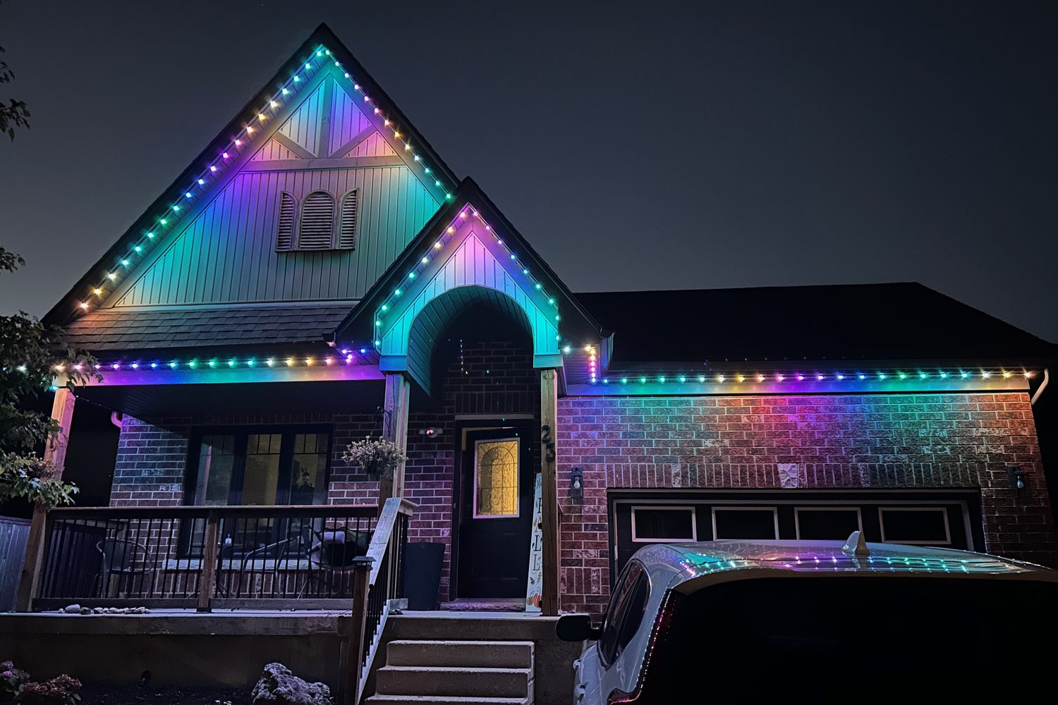 Brick home with colour-changing Celebright permanent lighting